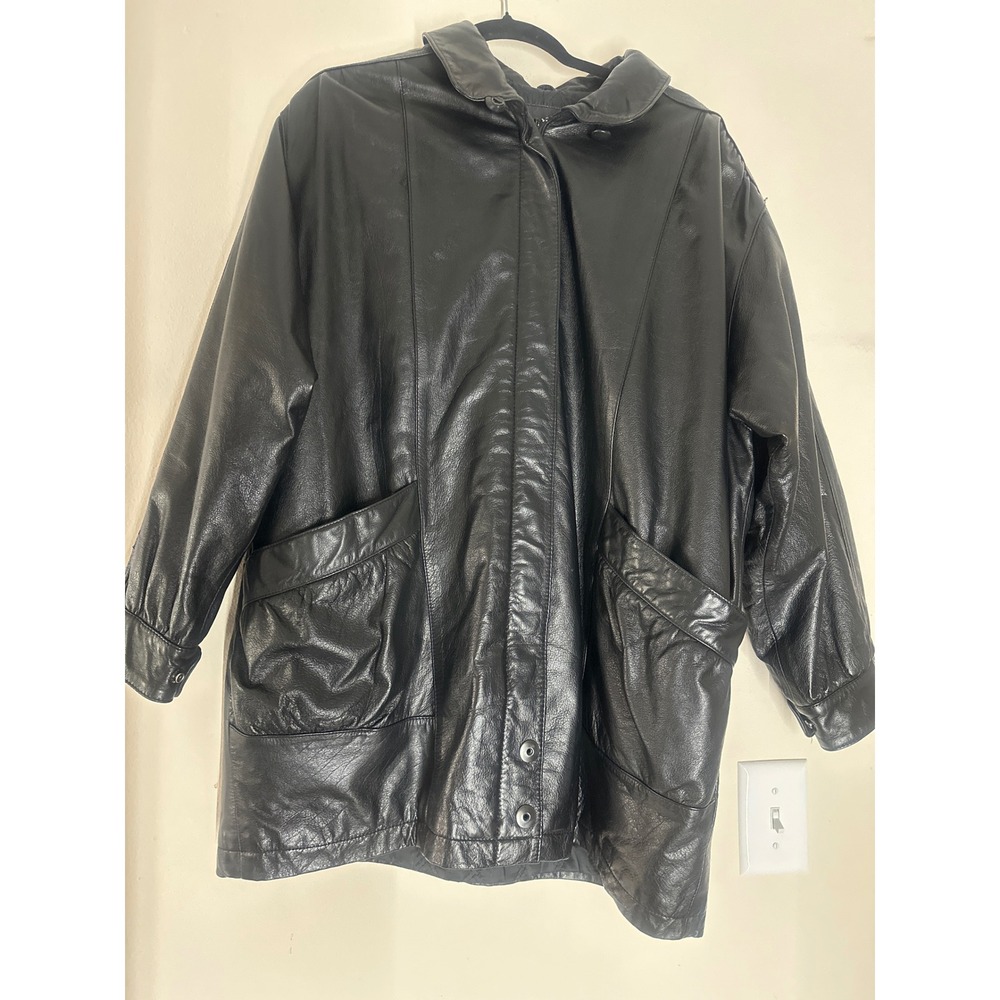 VTG Jacqueline Ferrar Women Large Black Genuine Leather Heavy Jacket Coat Large